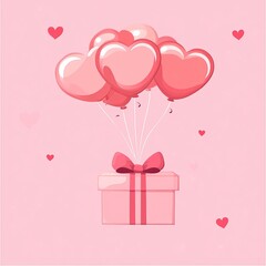 Stylish Pink Gift Box with Heart-Shaped Balloons, Charming Valentine's Day Celebration, Festive Gift Packaging and Love Concept