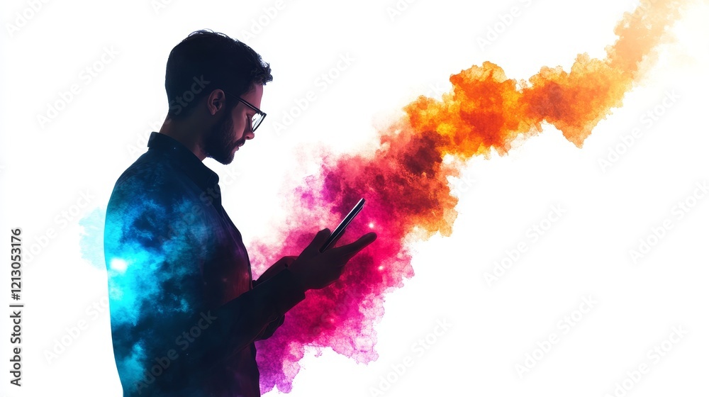 Poster man using mobile device with colorful abstract background - silhouette of a man using a mobile phone