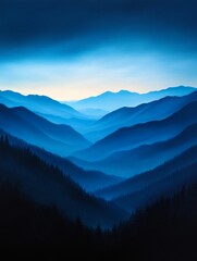 Obraz premium Misty Blue Mountain Dawn - Serene dawn over a vast, blue mountain range. Symbolizing peace, tranquility, mystery, vastness, and hope.