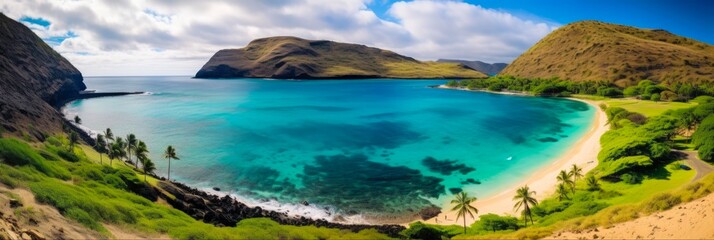 Fototapeta premium Oahu's Hanauma Bay: A Majestic Morning Panorama of Hawaii's Premier State Park