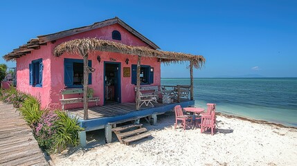 Obraz premium Pink Beachfront Cottage Offers Refreshments and Ocean Views