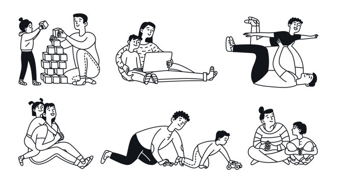 Doodle set parents and children spending time together. Happy mom and dad playing with daughters and sons. Vector illustration