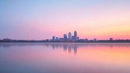 Fototapeta premium Cityscape Sunrise: A serene cityscape silhouette bathed in the soft, pastel hues of a breathtaking sunrise, with the cityscape reflected in the tranquil waters of a nearby lake.