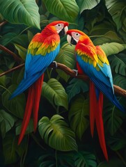 Fototapeta premium Scarlet Macaws in Lush Paradise - Two vibrant scarlet macaws perched on a branch amidst lush green tropical foliage. Their bright plumage contrasts beautifully with the deep green leaves.