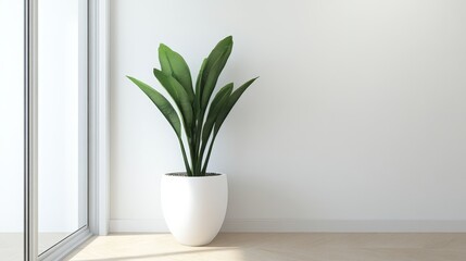 Serene Plant in White Pot - A vibrant green plant in a sleek white pot sits near a large window, adding a touch of nature to a minimalist interior.