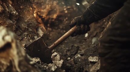 A gloved hand uses a shovel to dig in a rocky ground with a spotlight