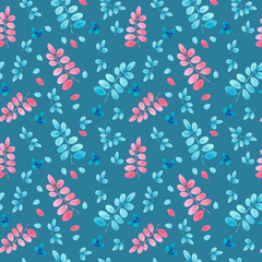 Pattern with small leaves on a blue background. Watercolor illustration, drawing for fabric.