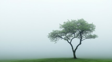 Fototapeta premium Solitary Tree in Morning Mist - Serene, peaceful, solitary tree shrouded in mist, symbolizes resilience, hope, and mystery. A tranquil scene of nature's beauty.