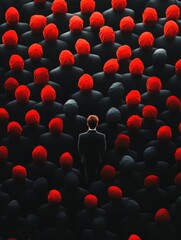Obraz premium Solitude Amidst the Crowd - A single person in a dark suit stands out against a sea of individuals wearing red head coverings. The image evokes feelings of individuality and difference.