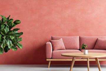 Stylish Pink Sofa Lounge Interior with Wooden Coffee Table - Modern, minimalist living room design.  Pink sofa, wooden coffee table, coral wall, green plant, cozy atmosphere.