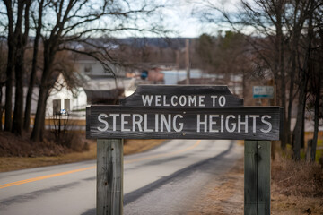 Obraz premium Rustic Wooden Sign Welcoming Visitors to Sterling Heights Michigan with Natural Textures and Warm Tones
