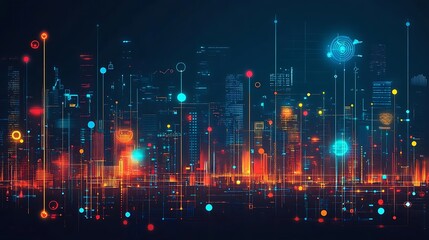 Fototapeta premium Futuristic cityscape with digital network connections and glowing nodes.