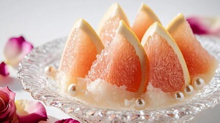 An elegant display of pomelo wedges on a crystal dish, paired with edible pearls and rose petals, isolated on a white backdrop
