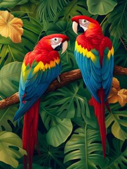 Fototapeta premium Tropical Macaw Pair in Lush Foliage - Two vibrant macaws perched on a branch amidst lush tropical leaves. A stunning display of color and nature.