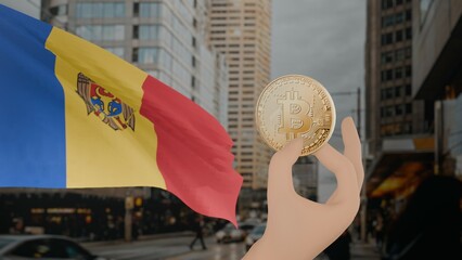 Golden bitcoin held by a hand with a waving Moldova flag in the background against a modern urban...