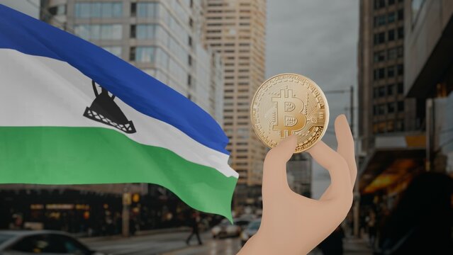 Golden bitcoin held by a hand with a waving Lesotho flag in the background against a modern urban cityscape