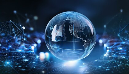Obraz premium 맑은 유리구 안에 미니어처 지구본이 담겨 있고, 주위에는 디지털 기호와 네트워크 아이콘들이 떠다니는 장면