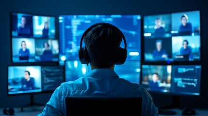 Virtual Meeting Collaboration Technology - Person wearing headphones participates in a virtual meeting, showcasing teamwork, technology, communication, and global connection.  Modern workspace.