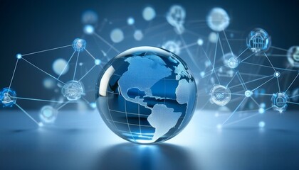 Fototapeta premium 맑은 유리구 안에 미니어처 지구본이 담겨 있고, 주위에는 디지털 기호와 네트워크 아이콘들이 떠다니는 장면