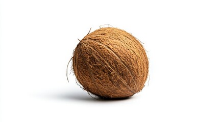 Whole Coconut on White Background - A single, whole coconut rests on a clean white background.  The coconut is brown and shows its natural texture.