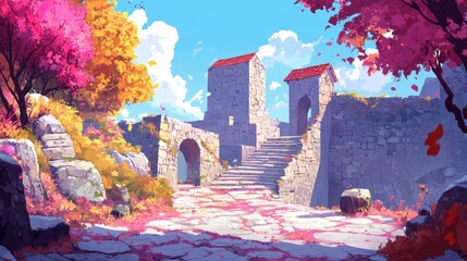 Autumnal Stone Ruins Pathway Scenic Vista