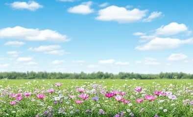 Spring scenery featuring a blurred background with blooming flowers, trees, and a clear blue sky under a sunny sky