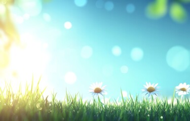 Obraz premium On a sunny day, a blurred spring scene captures the blooming chamomile in a glade, surrounded by trees against a blue sky