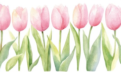 Obraz premium A spring floral ornament in watercolor, showcasing magenta tulips against a continuous backdrop of sweet flowers
