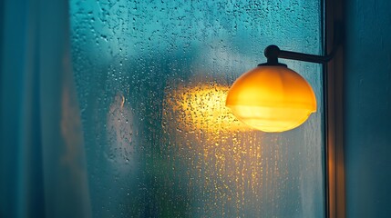 Bedroom glowing with lamp light as raindrops trace patterns on glass