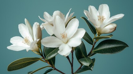 Fototapeta premium White magnolia blossoms and buds on branch, teal background.