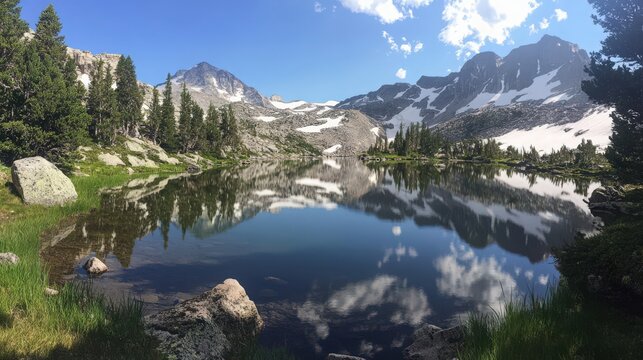 Scenic alpine lake with snow-capped mountains reflecting in clear water under blue skies