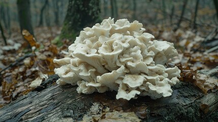 White mushroom cluster on fallen log in autumn forest.