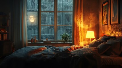 Comfortable bedroom lit by a glowing lamp with rain on the window