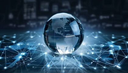 Obraz premium 맑은 유리구 안에 미니어처 지구본이 담겨 있고, 주위에는 디지털 기호와 네트워크 아이콘들이 떠다니는 장면