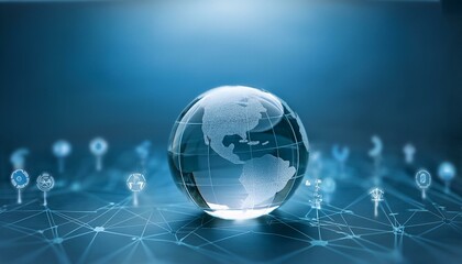 맑은 유리구 안에 미니어처 지구본이 담겨 있고, 주위에는 디지털 기호와 네트워크 아이콘들이 떠다니는 장면