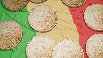 Several bitcoins are laid out on the flag of Mali