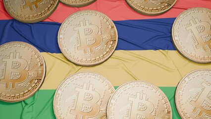 Several bitcoins are laid out on the flag of Mauritania