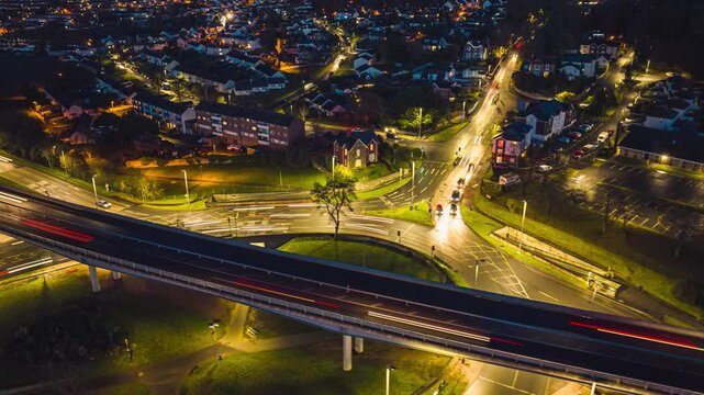 Night Hyperlapse over Penn Inn Flyover and Roundabout from a drone Newton Abbot, Devon, England