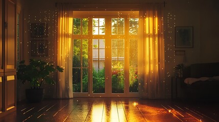 Peaceful room illuminated by warm light with rainfall visible outside