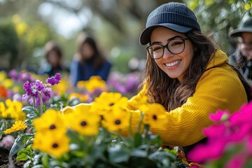 Smiling woman in a yellow sweater surrounded by vibrant flowers