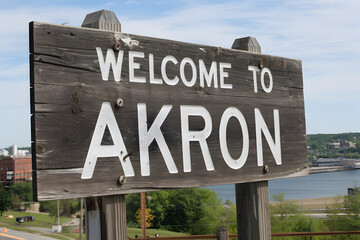 Obraz premium Welcome to Akron Ohio Wooden Sign with Rustic Charm and State Pride in United States