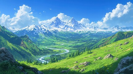 Fototapeta premium Majestic mountain range with snow capped peaks and a lush green valley below on a clear blue sky day