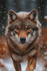 Fototapeta premium A dynamic wildlife photograph of a wolf , droplets of dew flying through the air, with focus on the wolf and blurred motion in the background, photorealistic.