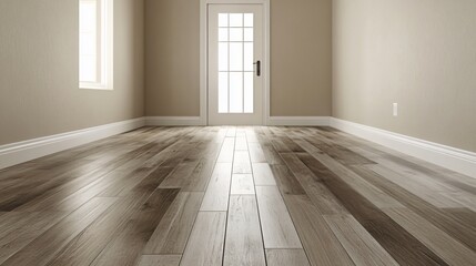 Obraz premium Empty Room with Wooden Floor Beige Walls and Door