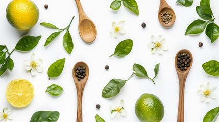 A creative flat lay of calamansi fruits, leaves, and blossoms, styled with wooden spoons and spices, isolated on a white background