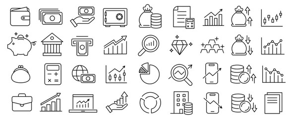 Investment line icons set. Simple flat icons for finance application. Image collection for business, accounting and investment programs design