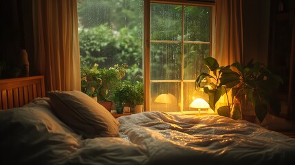 Bedroom glowing with gentle light as raindrops streak the glass window