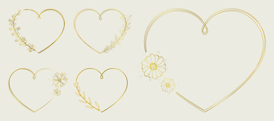 Golden Heart Design Set: Romantic Hand-Drawn Floral Frames, Rustic Wreaths, and Metal Heart Symbols. Vector Illustrations for Valentine’s Day, Wedding Cards, Invitations, and Love