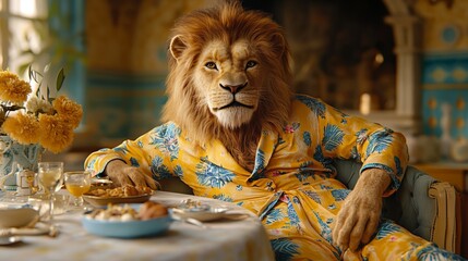 A regal lion dressed in patterned pajamas relaxes at a beautifully set table
