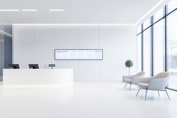 sleek and minimalist auto service reception area with modern seating and digital display showcasing services